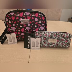 NWT Bebe Bundle with Black Travel Cosmetics Bags with Pink Heart & Zebra Designs